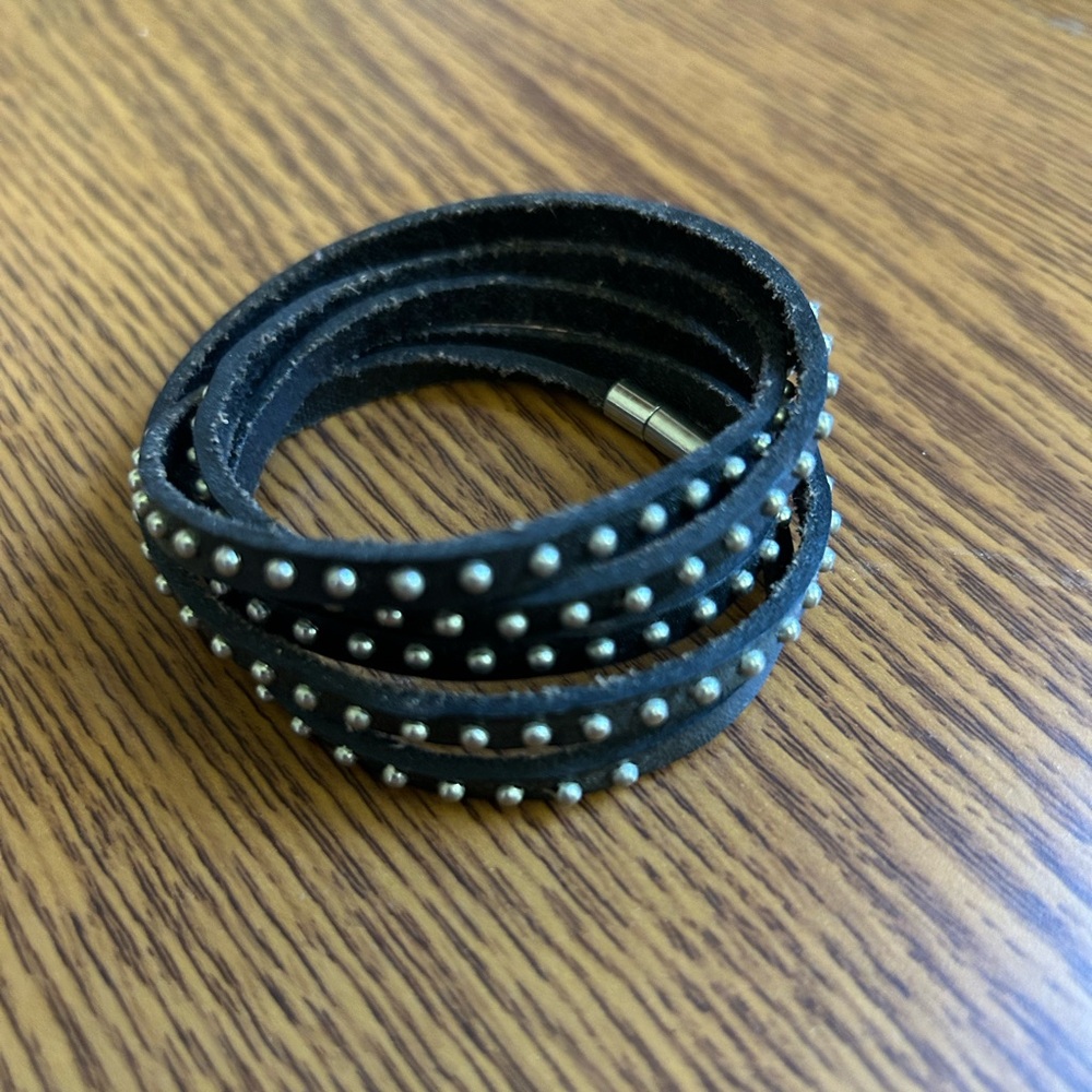 Black Leather Silver Studded Wrap Bracelet Rock and Roll Harley Girl